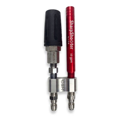 Direct front view of the M5 Twist adjustable nozzle paired with a long-range Sharp Shooter tip for 10 GPM pressure washing and soft washing systems, mounted side-by-side on a dual quick-connect manifold