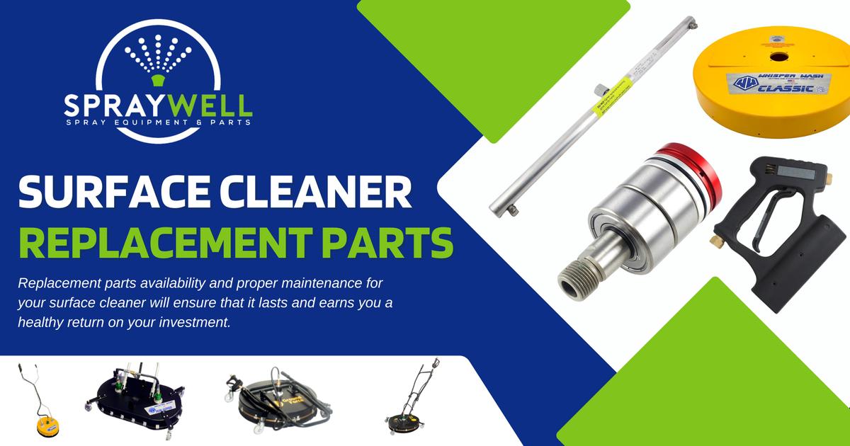 A blog banner with images of BE and Whisper Wash brand pressure washer surface cleaner replacement parts.
