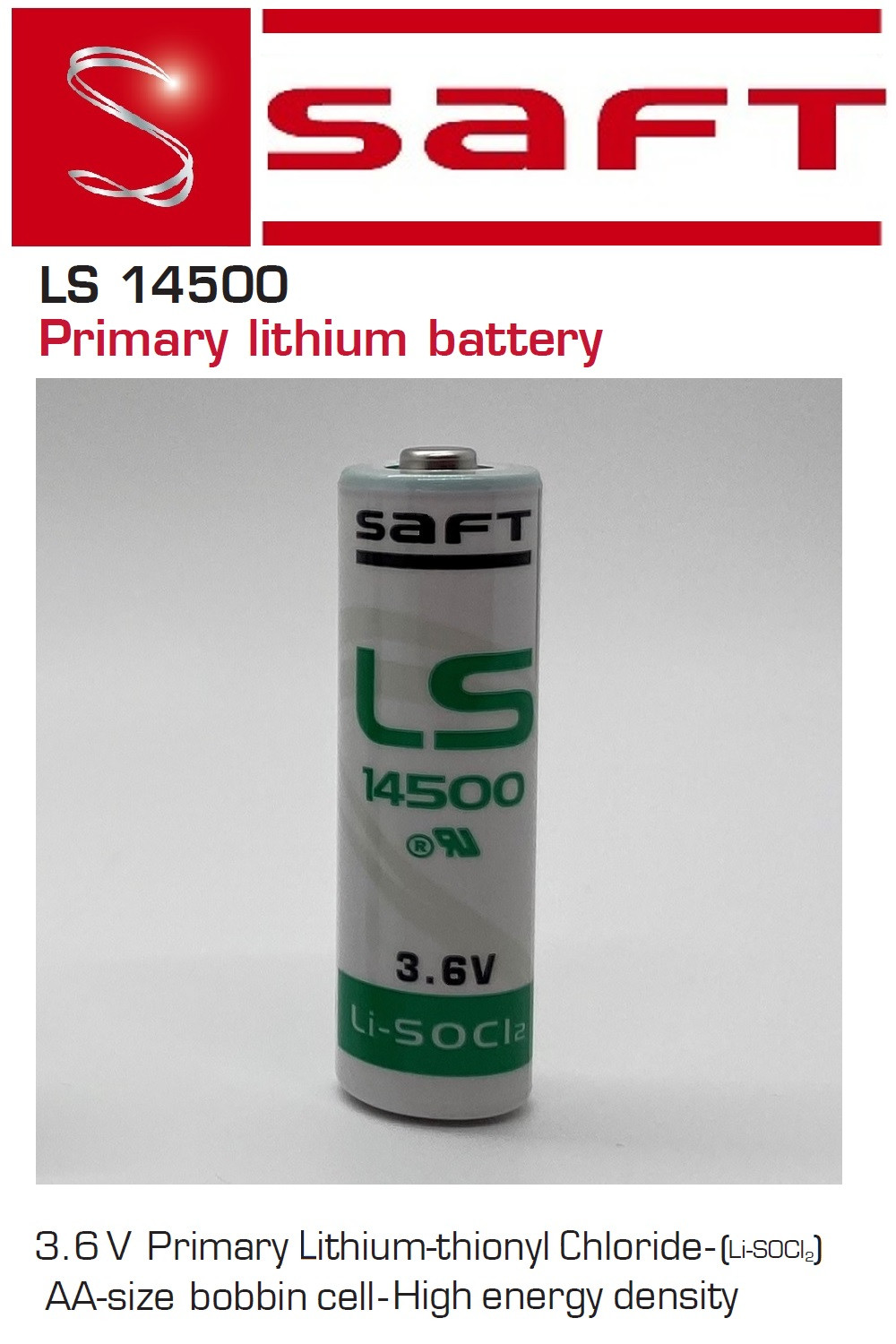 SAFT LS14500 AA 3.6 Volt Lithium Battery (2600 mAh)