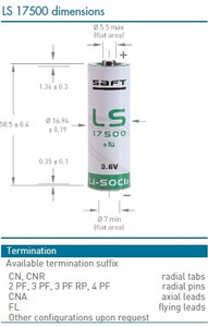 Saft LS17500 Battery - 3.6V Lithium A Cell