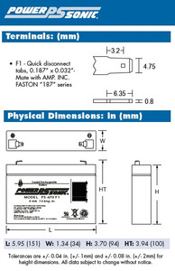 Powersonic PS-670 6 Volt 7.0 AH Specifications 