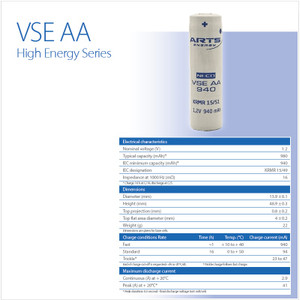 ARTS ENERGY, VSE AA, 1.2 Volt, 940 mAh, AA Specifications 