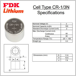 FDK, CR1-3N_FDK 3 Volt, 160 mAh, 1/3N Lithium Battery CR-1/3N, 166161200