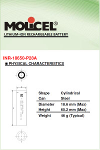 Molicel  INR-18650-P28A, 2.8 Volt 2800mAh Lithium-Ion Cell
