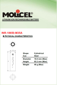 Molicel INR-18650-M35A, 3.6 Volt 3500mAh Lithium-Ion Cell