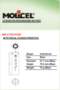 Molicel INR-21700-P42A, 3.6 Volt 4200mAh Lithium-Ion Cell