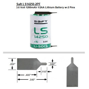 Saft LS14250-2PF, 3.6 Volt, 1200 mAh Lithium 1/2AA Battery w-2 Pins