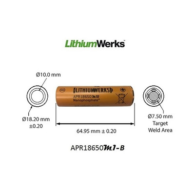 Lithium Werks APR18650M-1B, Dimensions