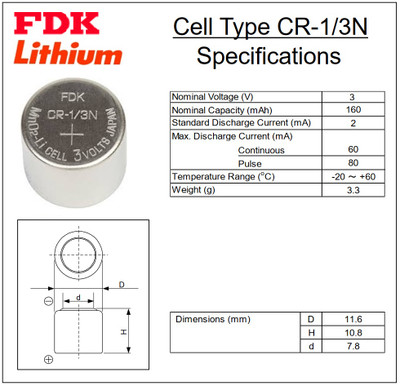 FDK, CR1-3N 3 Volt, 160 mAh, 1/3N Lithium Battery CR-1/3N, 6131-101-501