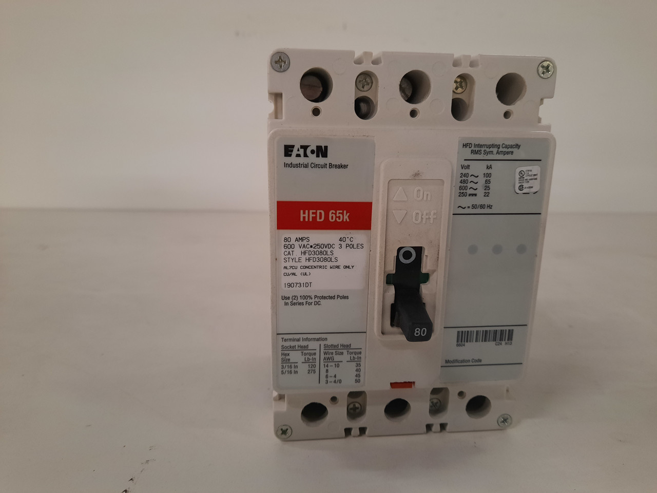 Eaton HFD3080LS Molded Case Breakers (MCCBs) HFD 3P 80A 600V 50/60Hz 3Ph F  Frame