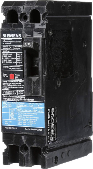 Siemens ED42B100 Molded Case Breakers (MCCBs) 2P 100A 480V