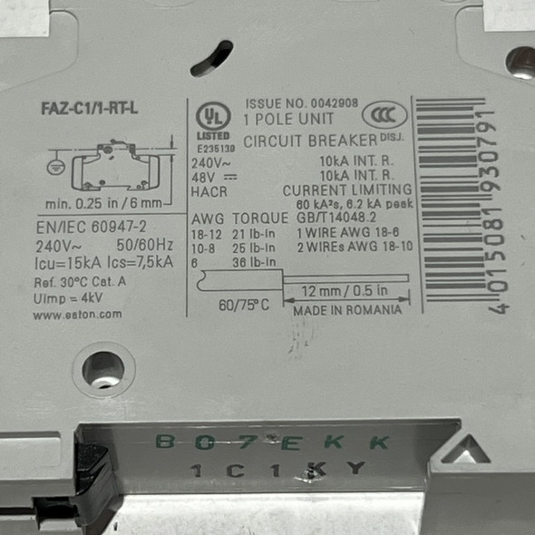 Eaton FAZ-C1/1-RT-L Miniature Circuit Breakers (MCBs)