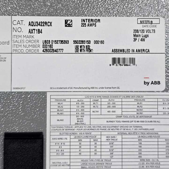 ABB AQU3422RCXAXT1B4 Main Breaker 208/120VAC 100to 225A Lighting Panelboard Interior