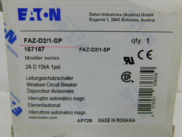 Eaton FAZ-D2/1-SP Miniature Circuit Breakers (MCBs) FAZ 1P 2A 480V 50/60Hz 1Ph EA