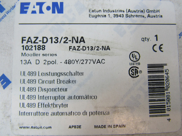 Eaton FAZ-D13/2-NA Miniature Circuit Breakers (MCBs) FAZ 2P 13A 480V 50/60Hz 1Ph EA