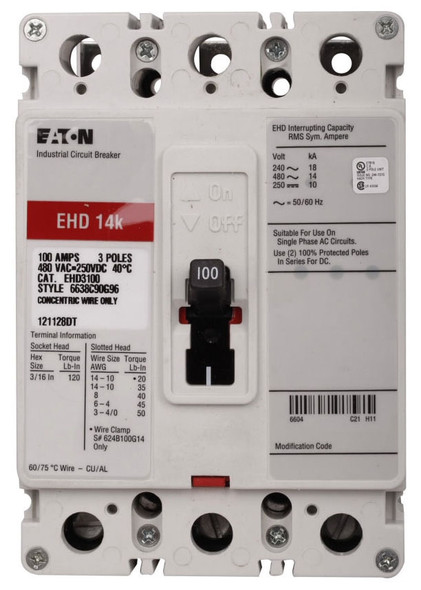 Eaton EHD3100 Molded Case Breakers (MCCBs) EHD 3P 100A 480V 50/60Hz 3Ph F Frame EA