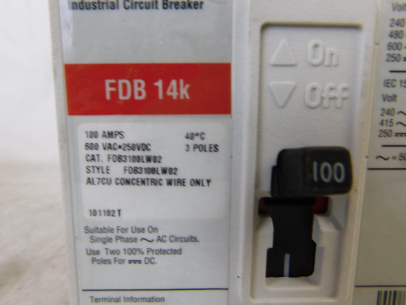 Eaton FDB3100LW02 Molded Case Breakers (MCCBs) FDB 3P 100A 600V 50/60Hz 3Ph F Frame