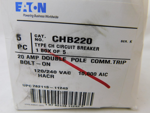 Eaton CHB220 Miniature Circuit Breakers (MCBs) CH 2P 20A 240V 50/60Hz 1Ph EA