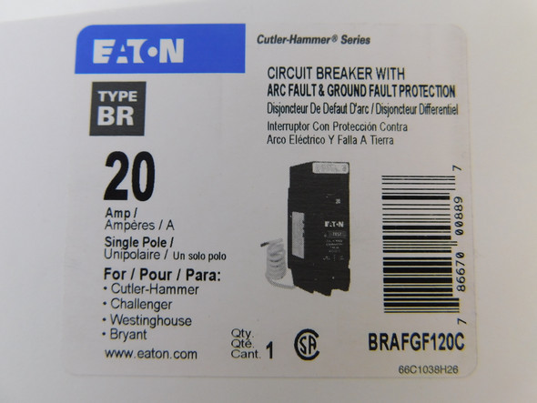 Eaton BRAFGF120C Miniature Circuit Breakers (MCBs) BR 1P 20A 120V 50/60Hz 1Ph EA Canada Only