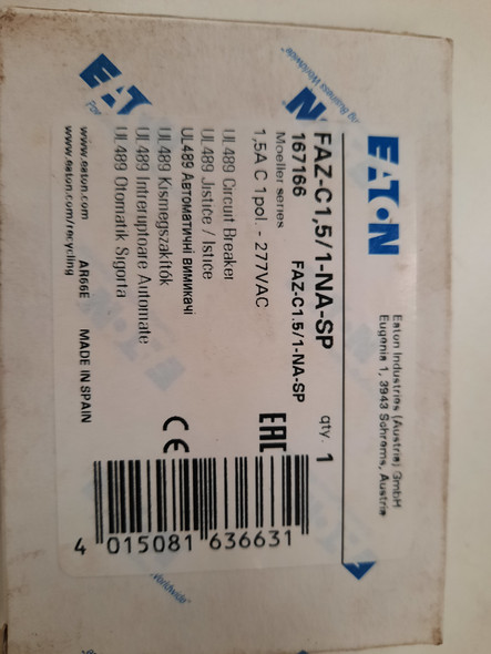 Eaton FAZ-C1.5/1-NA-SP Miniature Circuit Breakers (MCBs) FAZ 1P 1.5A 480V 50/60Hz 1Ph