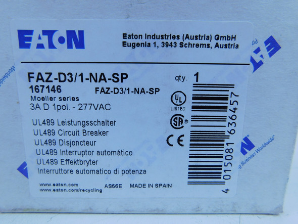 Eaton FAZ-D3/1-NA-SP Miniature Circuit Breakers (MCBs) 1P 3A 277V EA