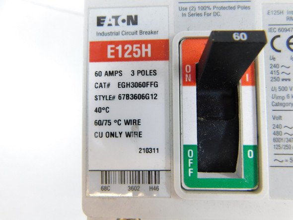 Eaton EGH3060FFG Molded Case Breakers (MCCBs) EGH 3P 60A 480V 50/60Hz 3Ph EG Frame EA