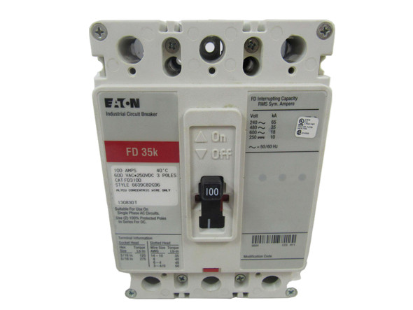 Eaton FD3100 Molded Case Breakers (MCCBs) FD 3P 100A 600V 50/60Hz 3Ph F Frame EA Thermal Magnetic