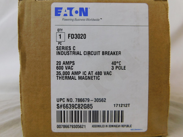 Eaton FD3020 Molded Case Breakers (MCCBs) FD 3P 20A 600V 50/60Hz 3Ph F Frame EA