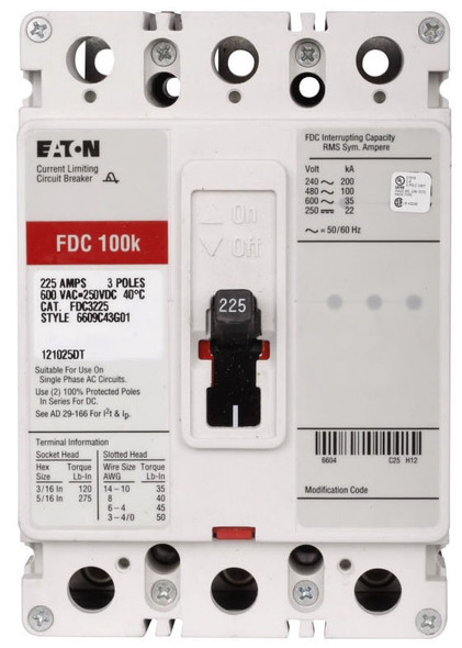 Eaton FDC3225 Molded Case Breakers (MCCBs) FDC 3P 225A 600V 50/60Hz 3Ph F Frame EA Series C