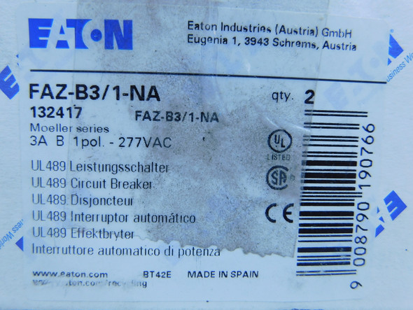 Eaton FAZ-B3/1-NA Din Rail Mounted Circuit Breakers FAZ 1P 3A 277V 50/60Hz 1Ph 2BOX