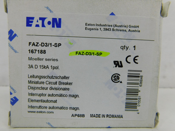 Eaton FAZ-D3/1-SP Miniature Circuit Breakers (MCBs) FAZ 1P 3A 277V 50/60Hz 1Ph EA