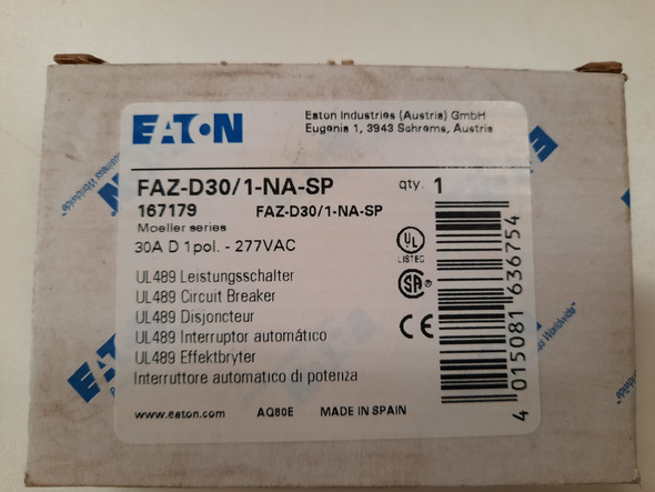 Eaton FAZ-D30/1-NA-SP Din Rail Mounted Circuit Breakers 1P 30A 480V EA