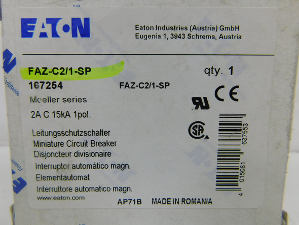 Eaton FAZ-C2/1-SP Din Rail Mounted Circuit Breakers 1P 2A 480V EA