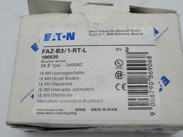 Eaton FAZ-B3/1-RT-L Miniature Circuit Breakers (MCBs) FAZ 1P 3A 240V 50/60Hz 1Ph 2BOX