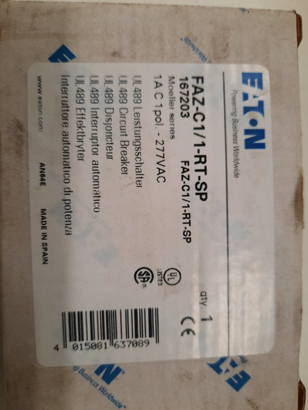Eaton FAZ-C1/1-RT-SP Miniature Circuit Breakers (MCBs) FAZ 1P 1A 480V 50/60Hz 1Ph EA