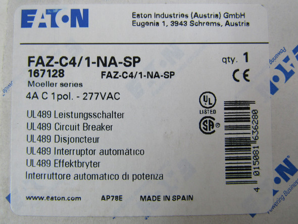 Eaton FAZ-C4/1-NA-SP Din Rail Mounted Circuit Breakers FAZ 1P 4A 277V 50/60Hz 1Ph EA