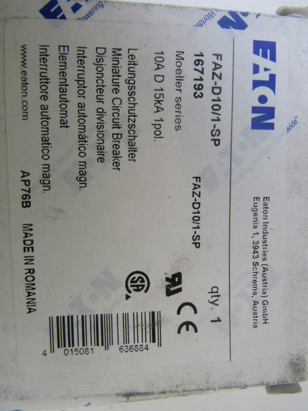 Eaton FAZ-D10/1-SP Din Rail Mounted Circuit Breakers FAZ 1P 10A 277V 50/60Hz EA D Curve