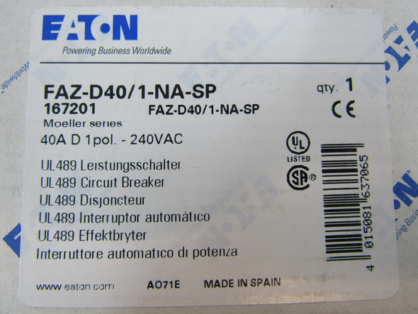 Eaton FAZ-D40/1-NA-SP Miniature Circuit Breakers (MCBs) FAZ 1P 40A 277V 50/60Hz 1Ph EA