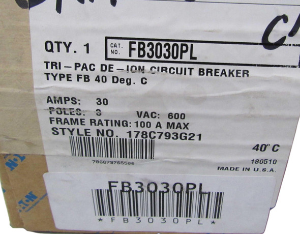 Eaton FB3030PL Molded Case Breakers (MCCBs) FB 3P 30A 600V 50/60Hz 3Ph F Frame EA