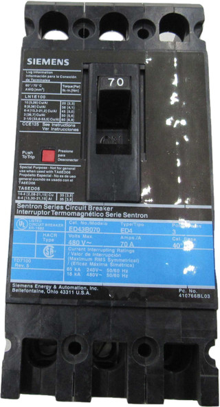 Siemens ED43B070L Molded Case Breakers (MCCBs) ED 3P 70A 480V 50/60Hz 3Ph ED Frame EA