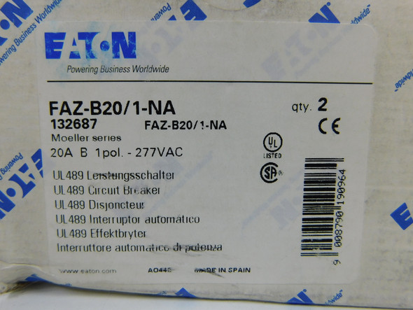 Eaton FAZ-B20/1-NA Din Rail Mounted Circuit Breakers FAZ 1P 20A 277V 50/60Hz 1Ph EA
