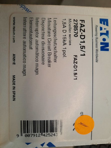 Eaton FAZ-D1.5/1 Miniature Circuit Breakers (MCBs) FAZ 1P 1.5A 120/240V 50/60Hz 1Ph