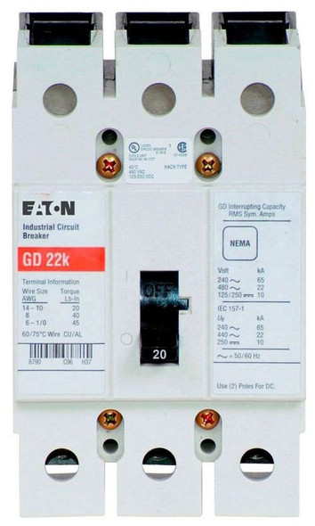 Eaton GD3020DS1 Molded Case Breakers (MCCBs) GD 3P 20A 480V 50/60Hz 3Ph G Frame EA