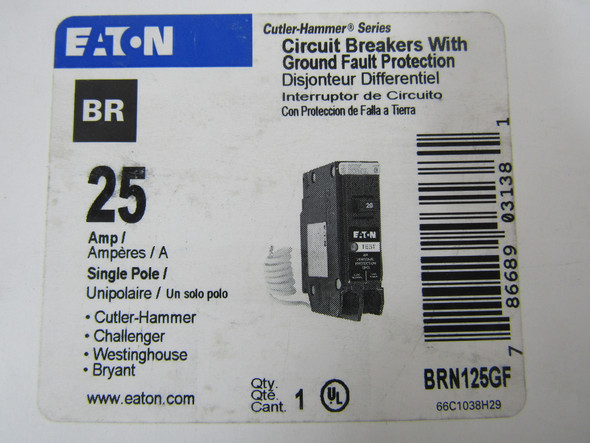 Eaton BRN125GF Miniature Circuit Breakers (MCBs) BR 1P 25A 120V 50/60Hz 1Ph