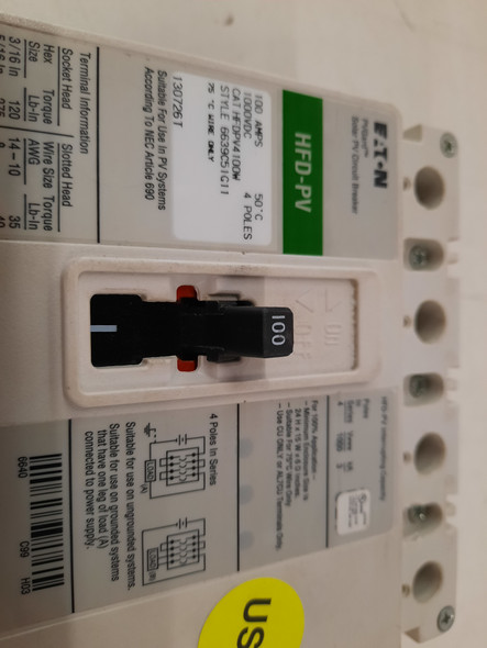 Eaton HFDPV4100W Molded Case Breakers (MCCBs) HFD 4P 100A 1000V 50/60Hz 3Ph F Frame