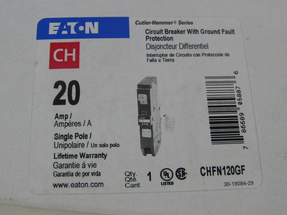 Eaton CHFN120GF Miniature Circuit Breakers (MCBs) CHF 1P 20A 120V 50/60Hz 1Ph EA