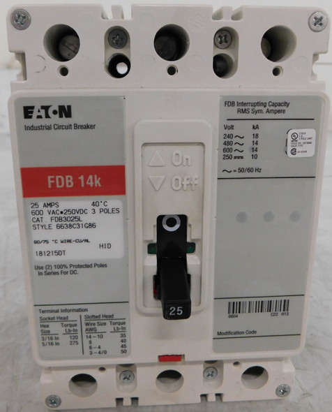 Eaton FDB3025L Molded Case Breakers (MCCBs) FDB 3P 25A 600V 50/60Hz 3Ph F Frame