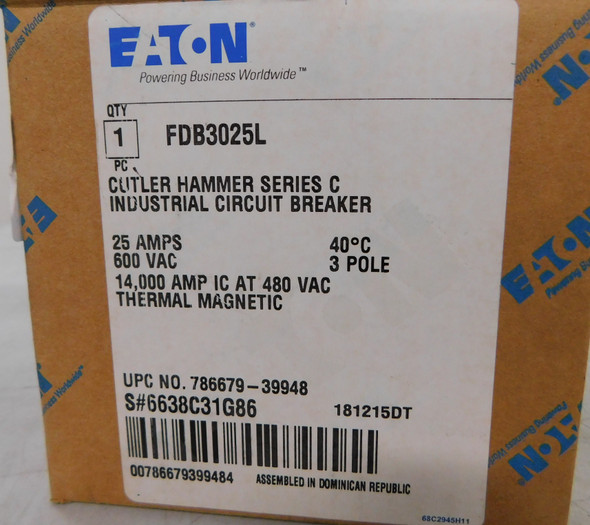 Eaton FDB3025L Molded Case Breakers (MCCBs) FDB 3P 25A 600V 50/60Hz 3Ph F Frame