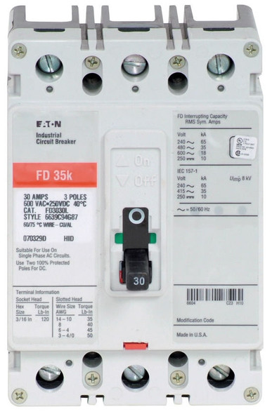 Eaton FD3030H01 Molded Case Breakers (MCCBs) FD 3P 30A 600V 50/60Hz 3Ph F Frame EA