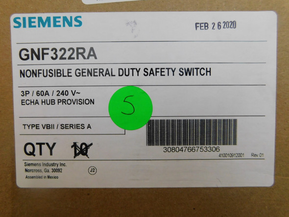 Siemens GNF322RA Safety Switches GNF 3P 60A 240V 50/60Hz 3Ph Non Fusible 3Wire NEMA 3R